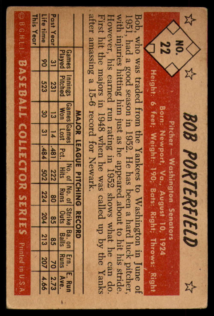 1953 Bowman Color #22 Bob Porterfield VG/EX