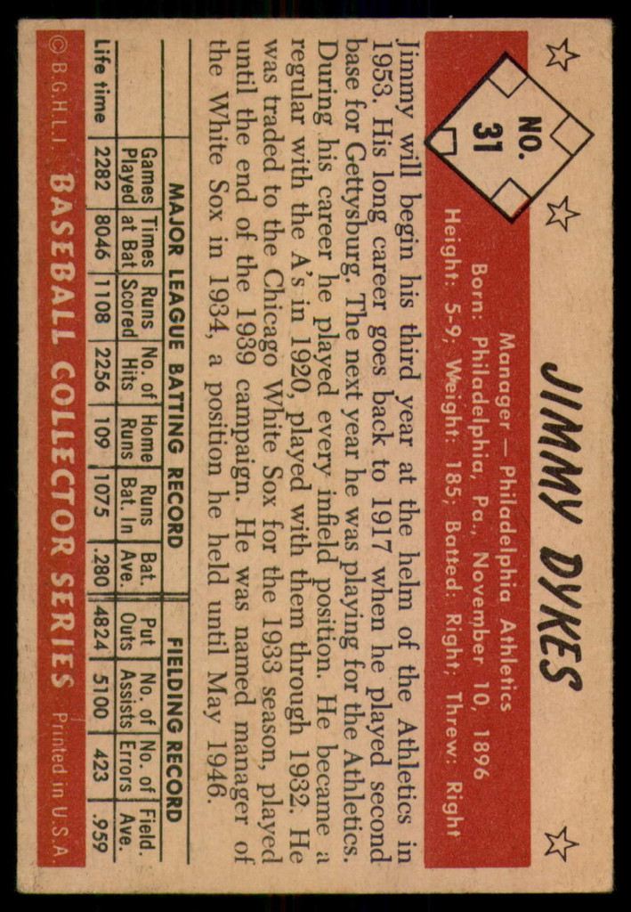 1953 Bowman Color #31 Jimmie Dykes MG VG/EX