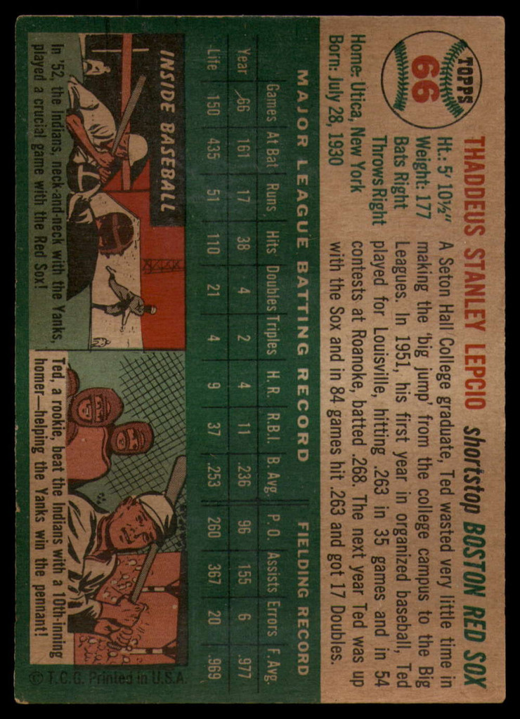 1954 Topps #66 Ted Lepcio EX Excellent 