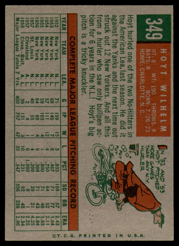 1959 Topps #349 Hoyt Wilhelm UER EX++ ID: 68414