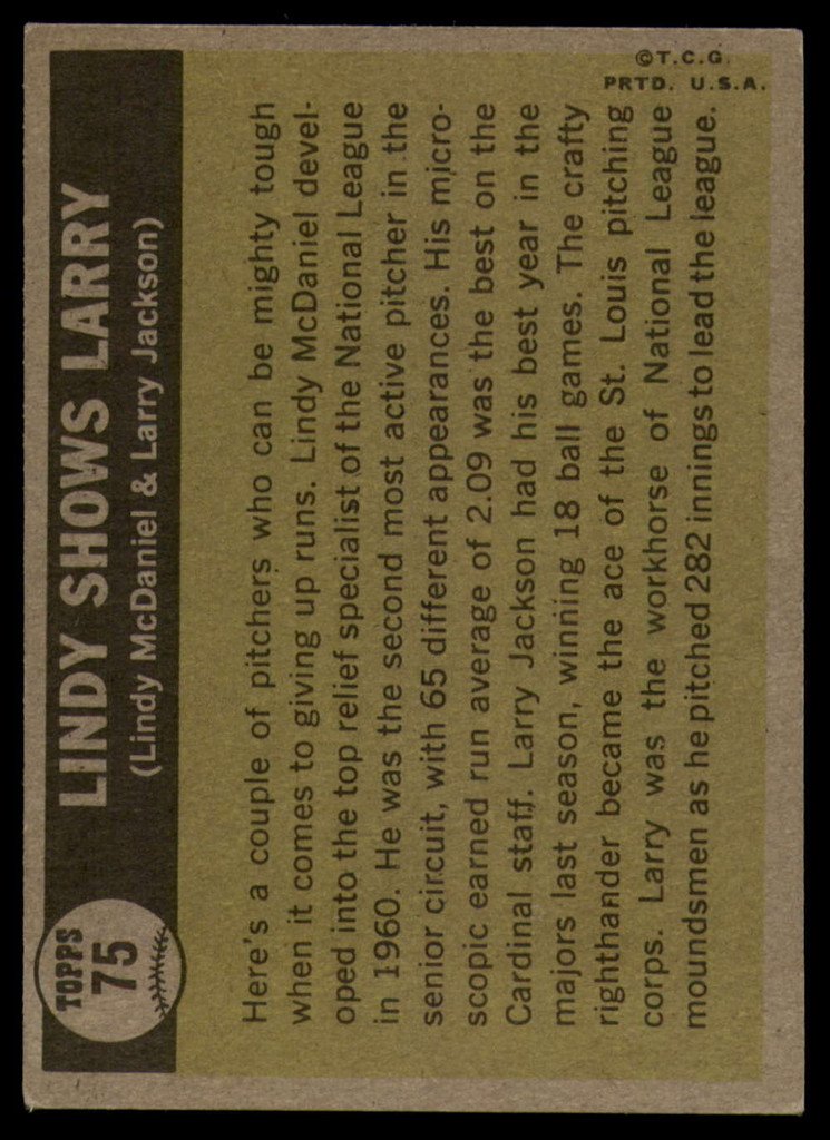 1961 Topps #75 Lindy McDaniel/Larry Jackson Lindy Shows Larry Excellent+  ID: 131524