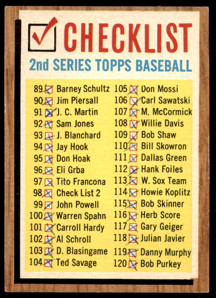 1962 Topps #98 Checklist 89-176 Excellent Marked  ID: 194763