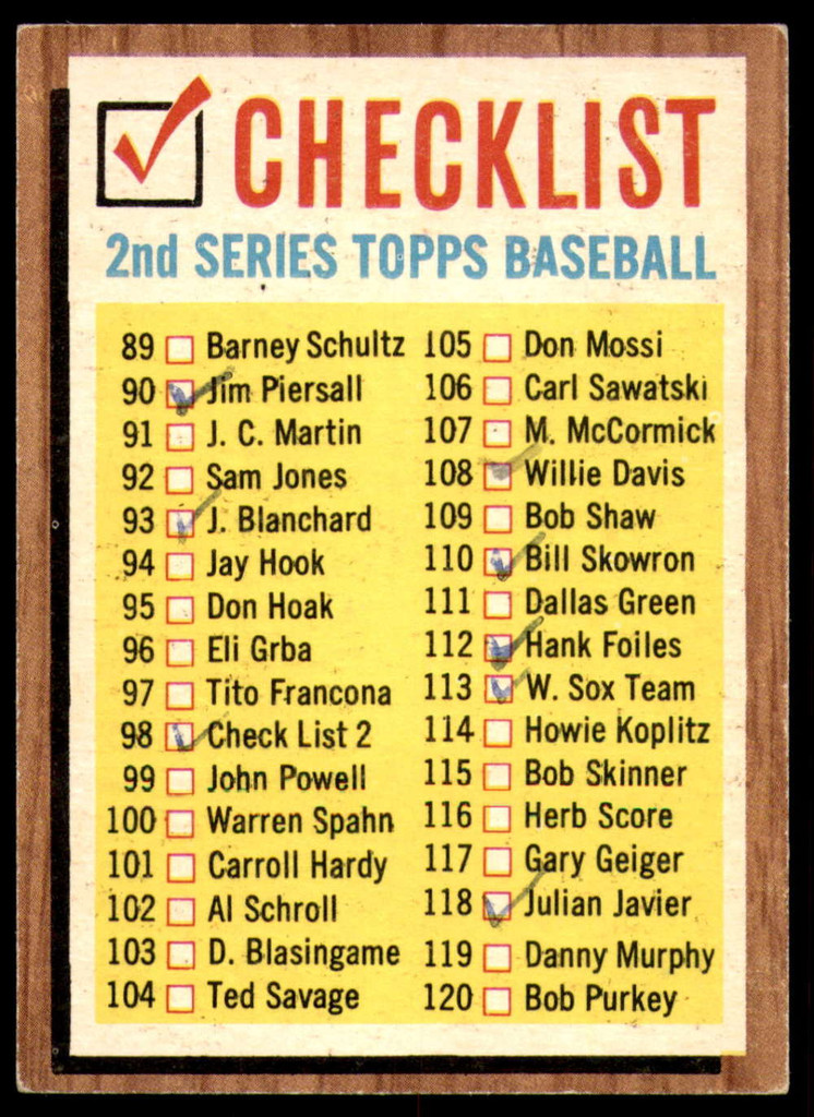 1962 Topps #98 Checklist 89-176 Excellent Marked  ID: 194765