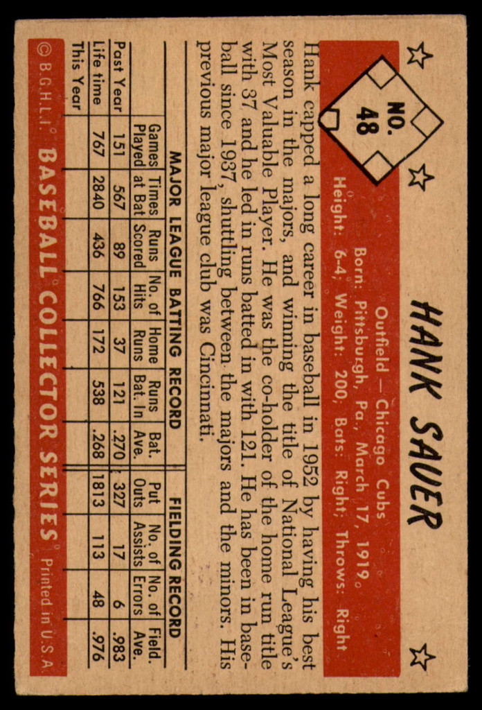 1953 Bowman Color #48 Hank Sauer VG