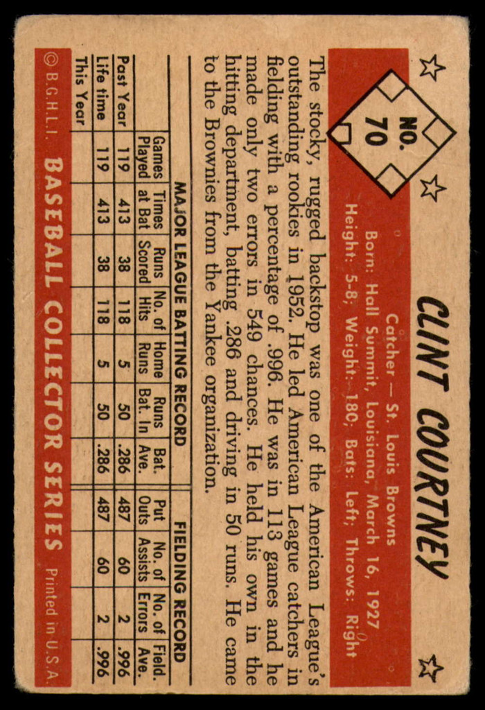1953 Bowman Color #70 Clint Courtney VG RC Rookie