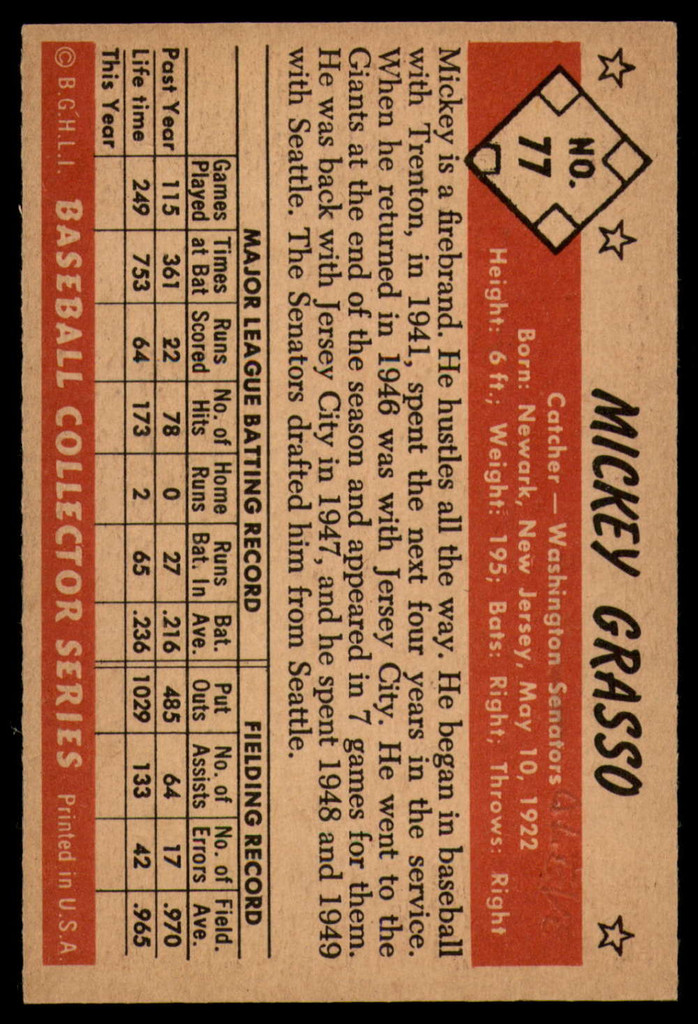 1953 Bowman Color #77 Mickey Grasso VG