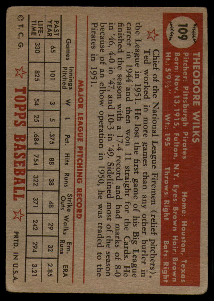 1952 Topps #109 Ted Wilks G/VG 