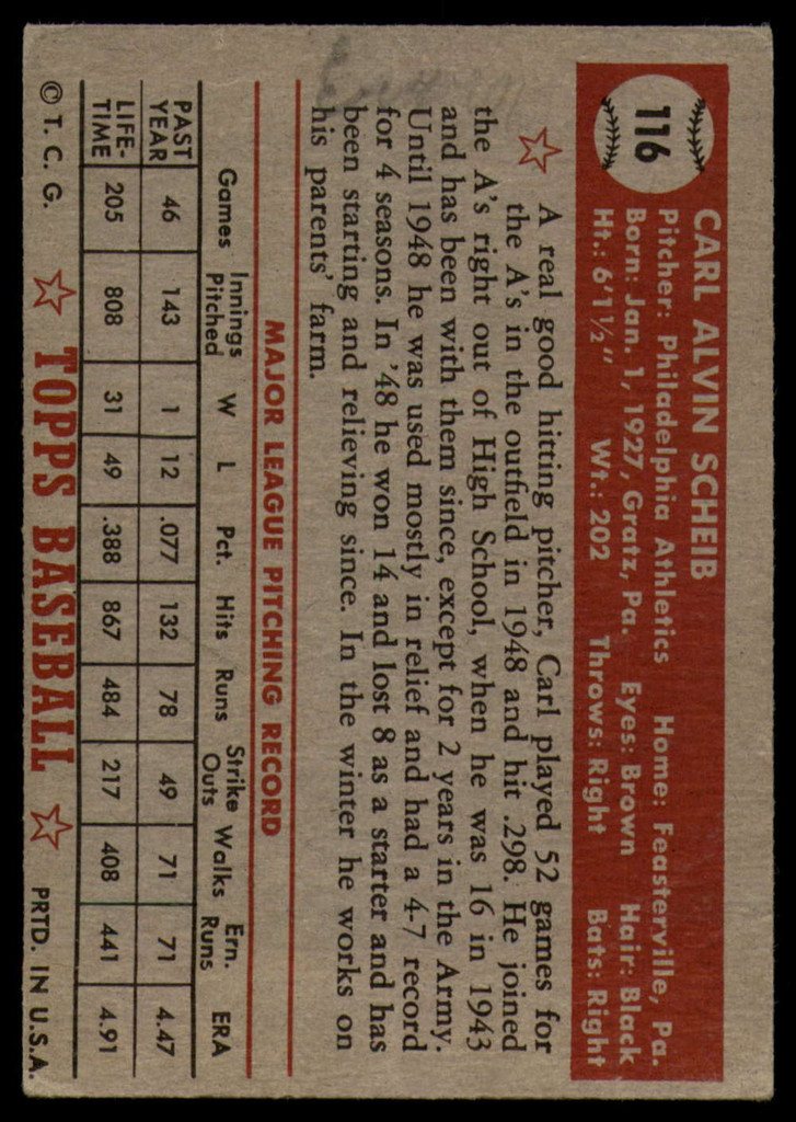 1952 Topps #116 Carl Scheib G/VG 