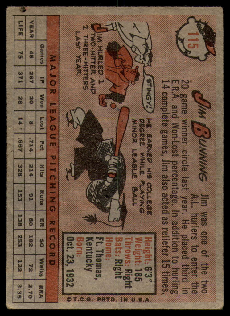 1958 Topps #115 Jim Bunning UER VG/EX