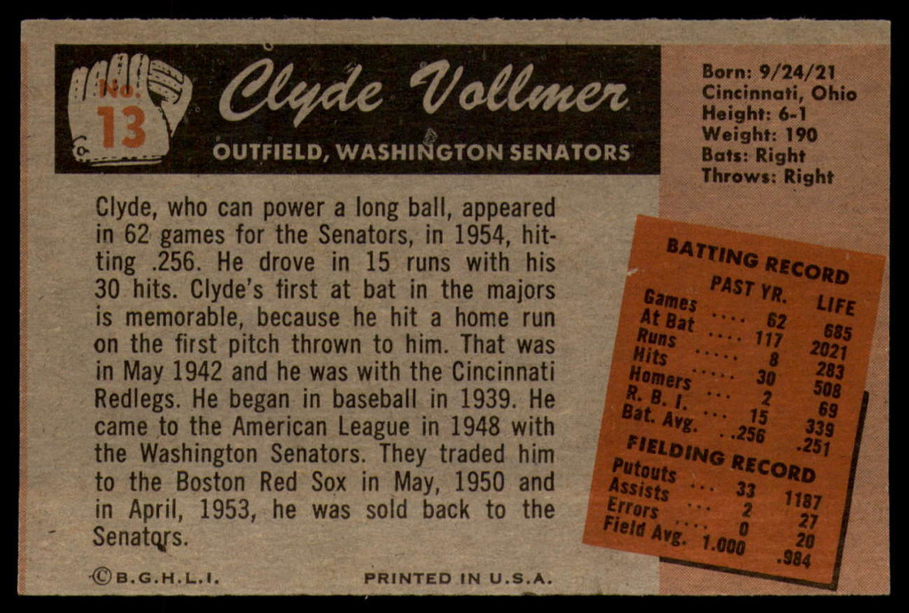 1955 Bowman #13 Clyde Vollmer NM+  ID: 93816