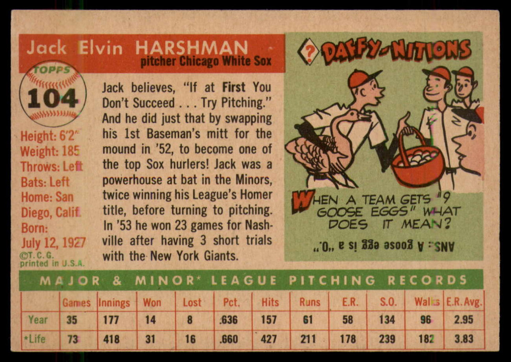 1955 Topps #104 Jack Harshman NM