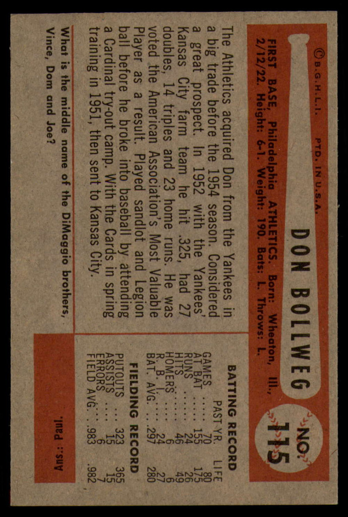 1954 Bowman #115 Don Bollweg NM Near Mint 