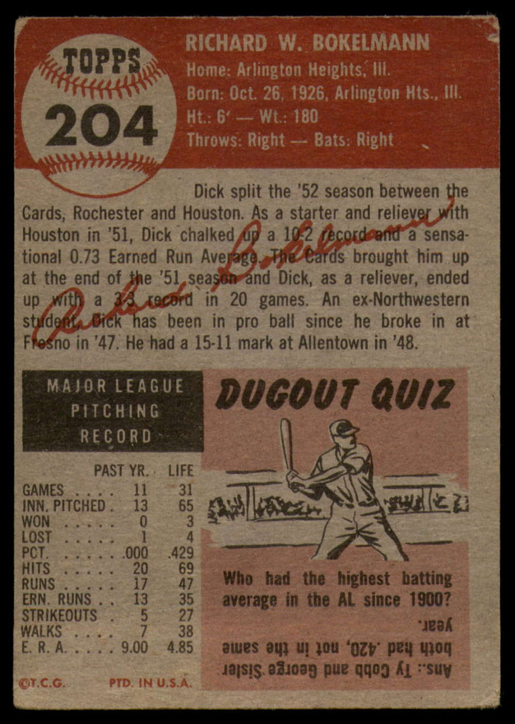 1953 Topps #204 Dick Bokelmann VG Very Good RC Rookie