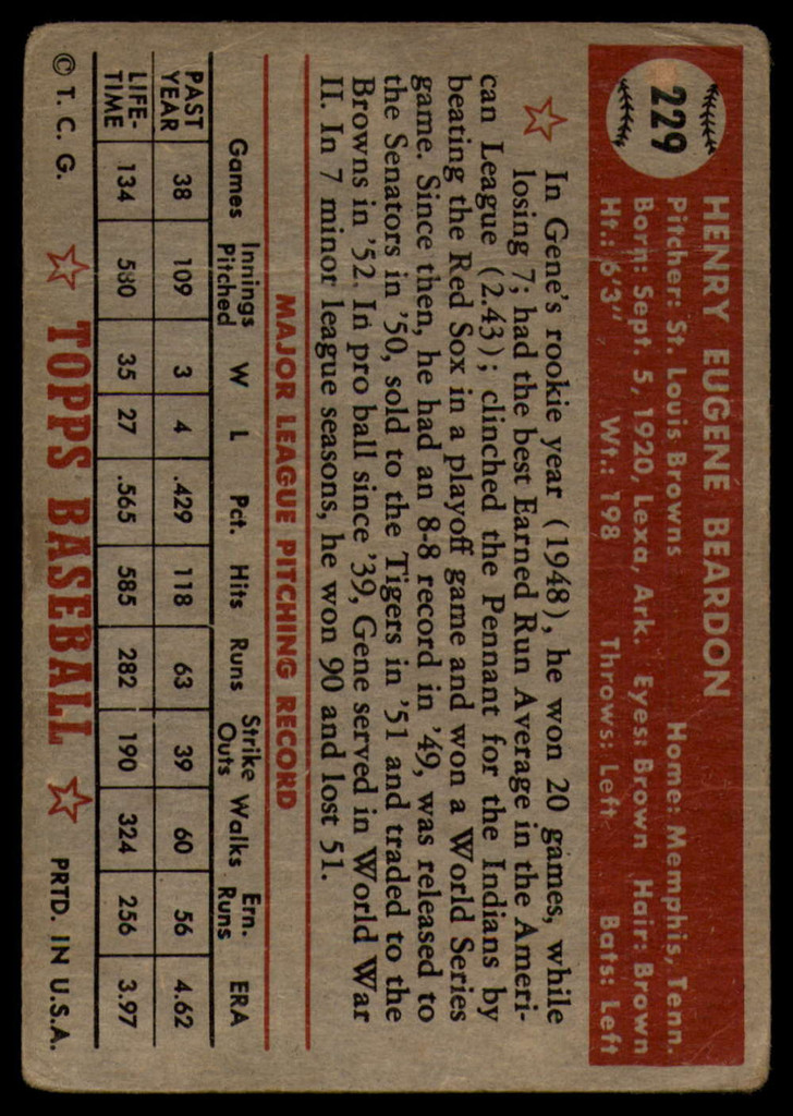 1952 Topps #229 Gene Bearden UER G 