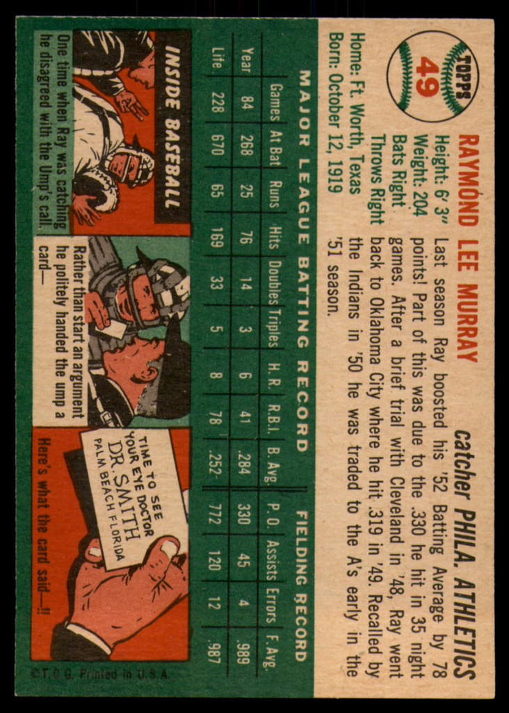 1954 Topps #49 Ray Murray VG/EX Very Good/Excellent 