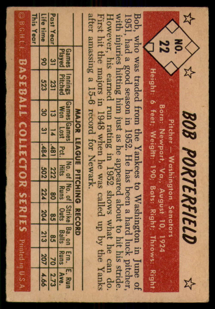 1953 Bowman Color #22 Bob Porterfield VG