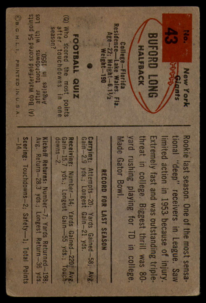 1954 Bowman #43 Buford Long VG Very Good  ID: 116662