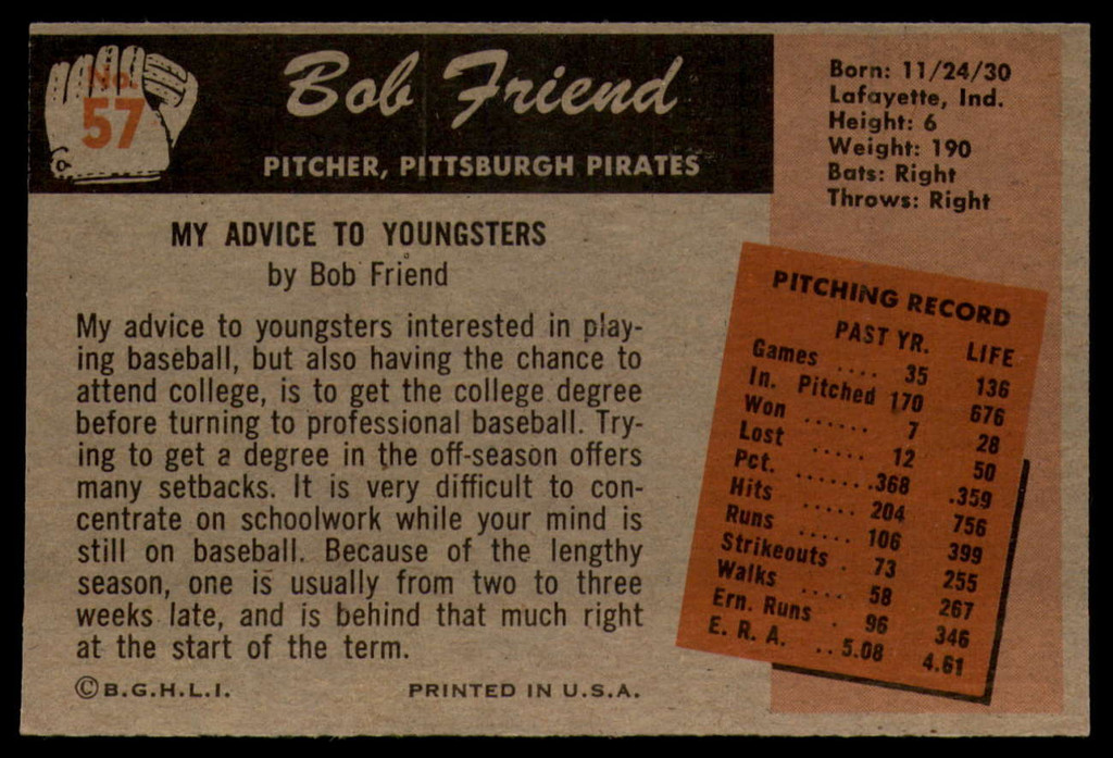 1955 Bowman #57 Bob Friend EX/NM  ID: 93861