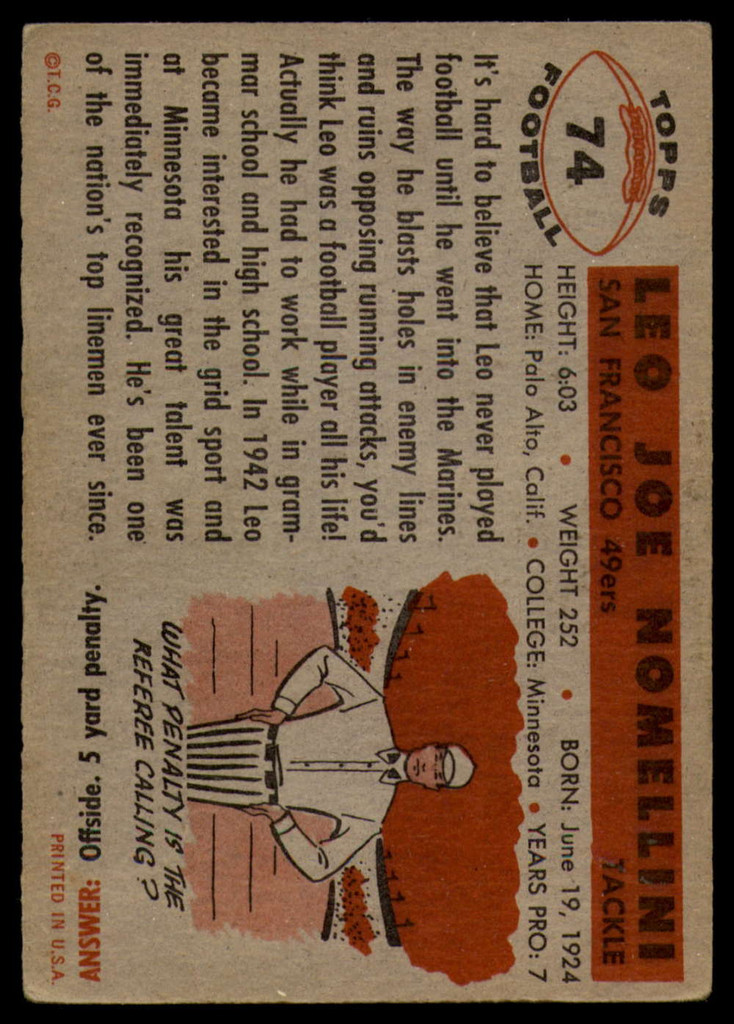 1956 Topps #74 Leo Nomellini VG/EX Very Good/Excellent 