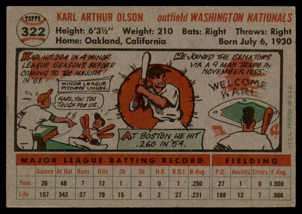 1956 Topps #322 Karl Olson EX/NM ID: 59667