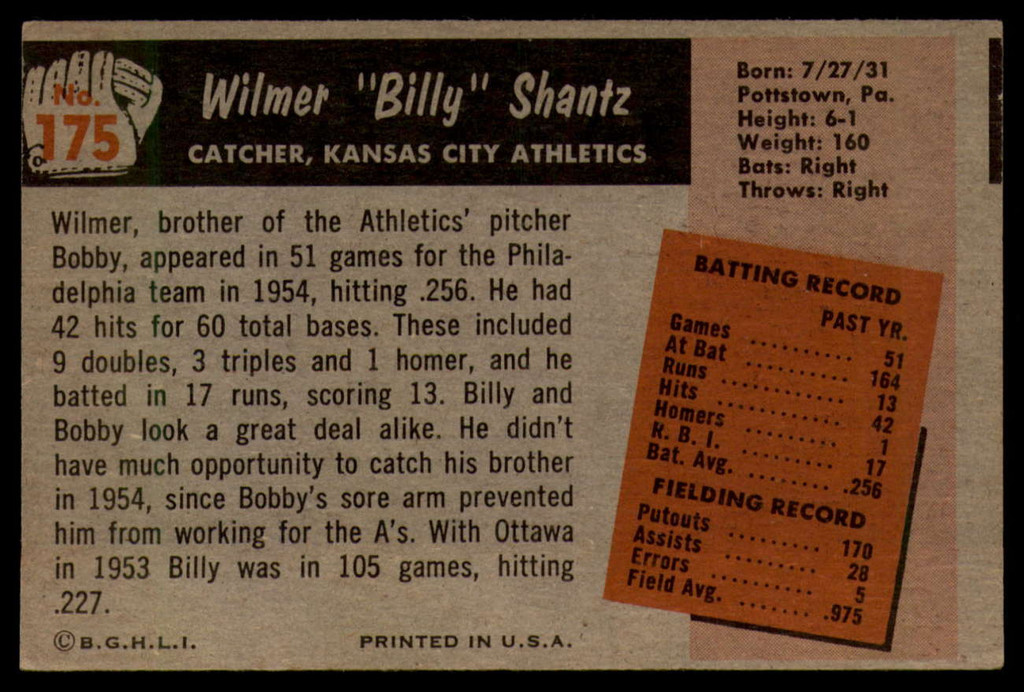 1955 Bowman #175 Billy Shantz EX/NM RC Rookie