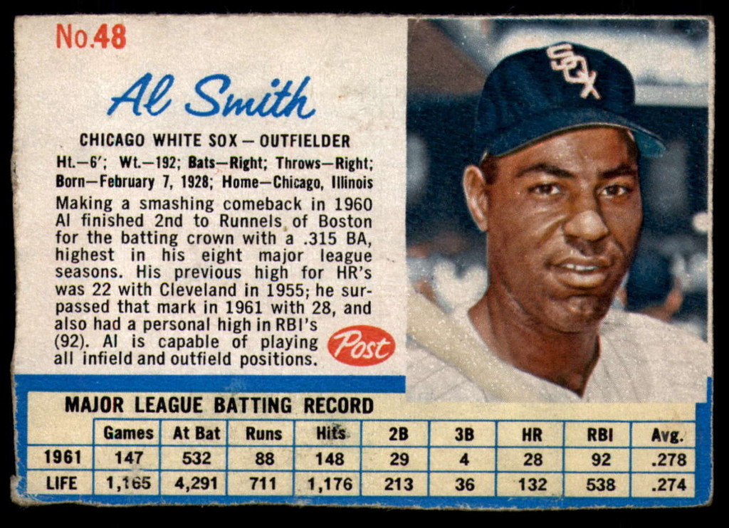 1962 Post Cereal #48 Al Smith Very Good  ID: 144172