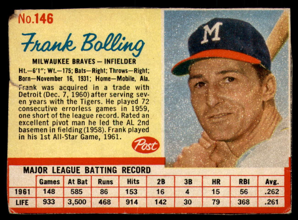 1962 Post Cereal #146 Frank Bolling Very Good  ID: 144435