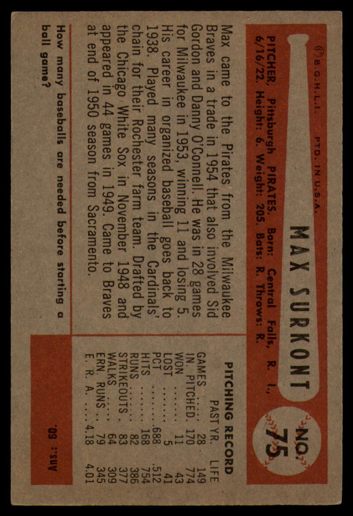 1954 Bowman #75 Max Surkont EX++ ID: 79968