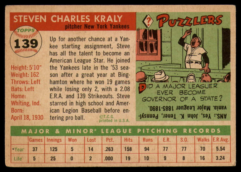 1955 Topps #139 Steve Kraly UER EX RC Rookie ID: 84603