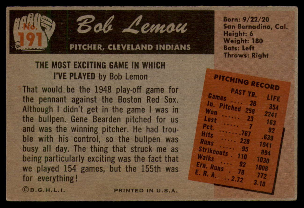 1955 Bowman #191 Bob Lemon VG ID: 57725