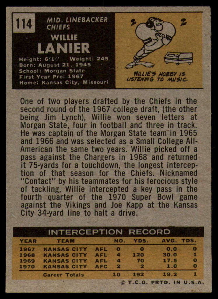 1971 Topps #114 Willie Lanier EX++ RC Rookie ID: 85912