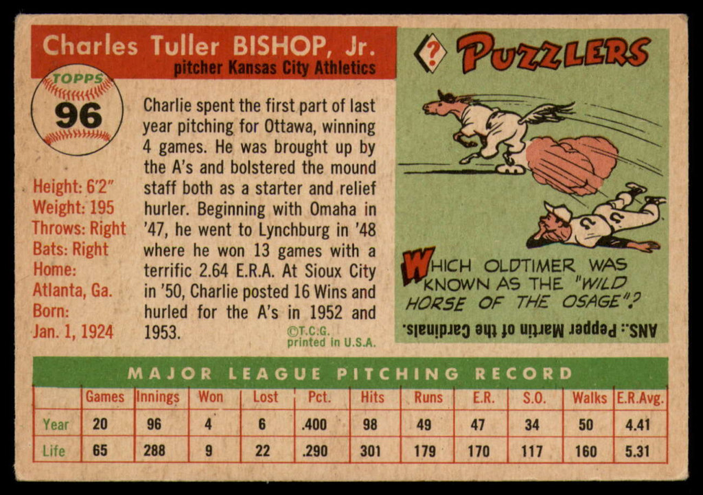 1955 Topps #96 Charlie Bishop EX  ID: 84633