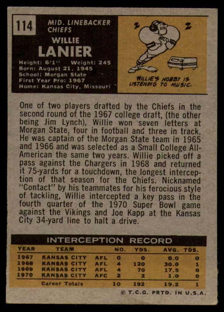 1971 Topps #114 Willie Lanier EX++ RC Rookie ID: 85914