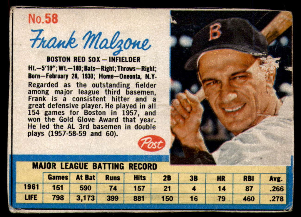 1962 Post Cereal #58 Frank Malzone Very Good  ID: 144204