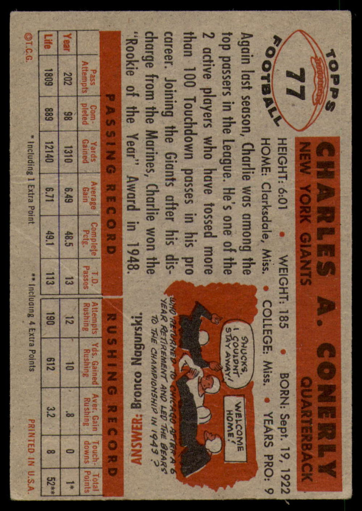 1956 Topps #77 Charley Conerly VG 