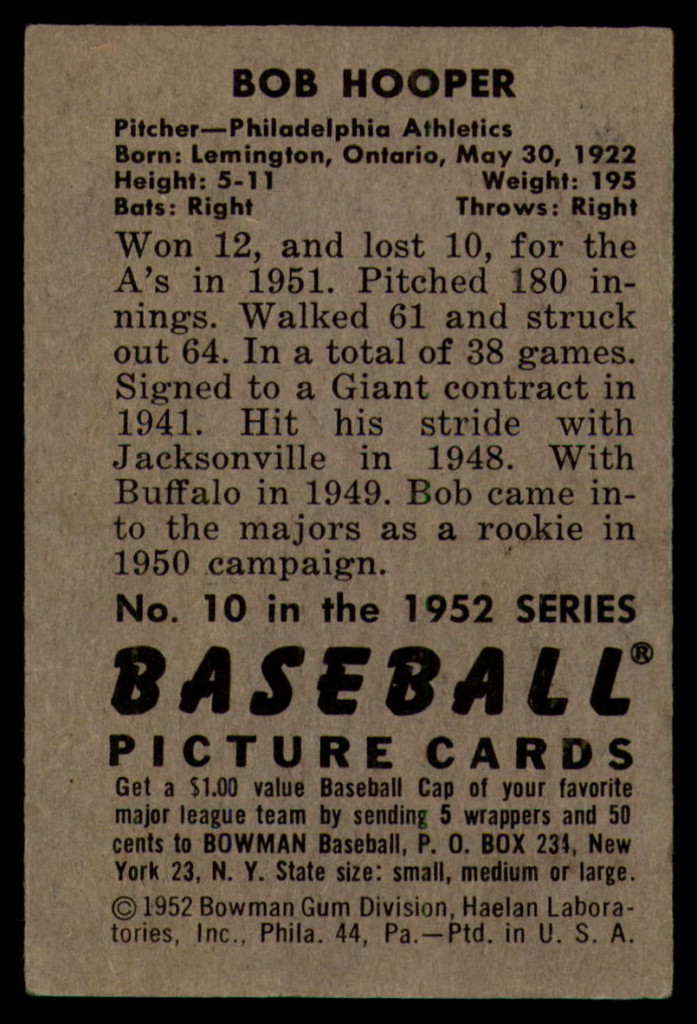 1952 Bowman #10 Bob Hooper EX Excellent 