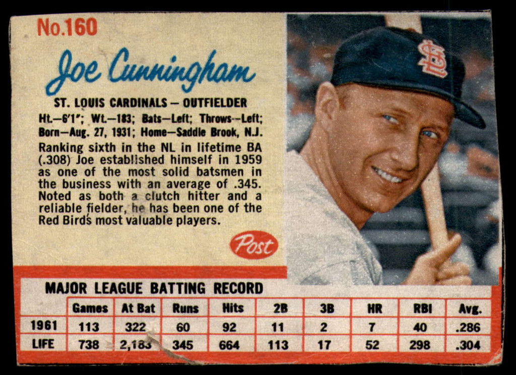 1962 Post Cereal #160 Joe Cunningham Very Good  ID: 144474