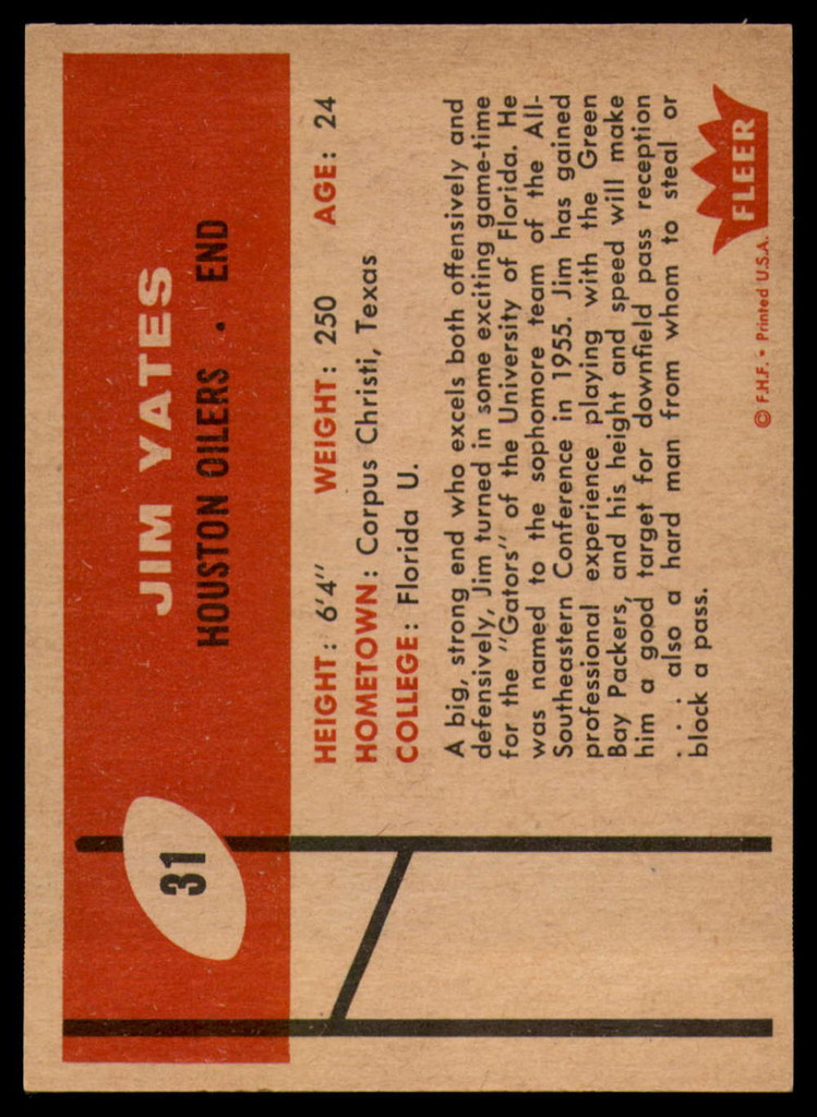 1960 Fleer #31 Jim Yates VG Very Good 