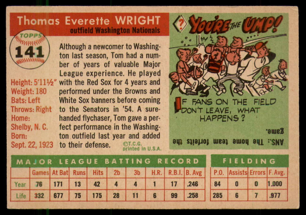 1955 Topps #141 Tom Wright EX++ ID: 57093
