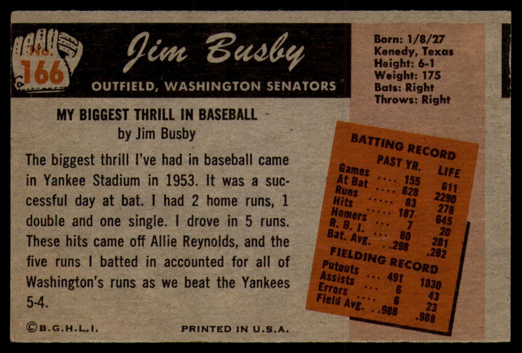 1955 Bowman #166 Jim Busby EX++ ID: 76309