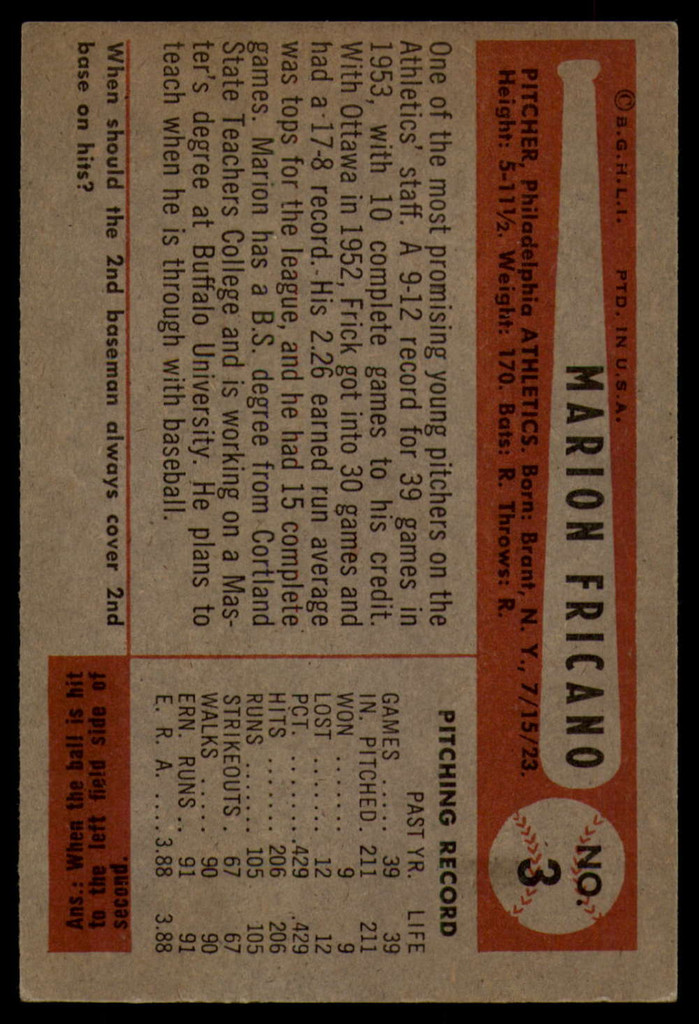 1954 Bowman #3 Marion Fricano EX++ Excellent++ 