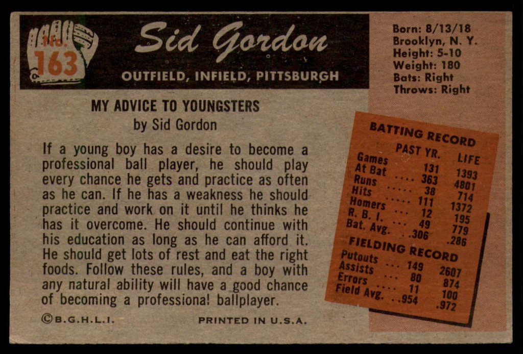 1955 Bowman #163 Sid Gordon EX++