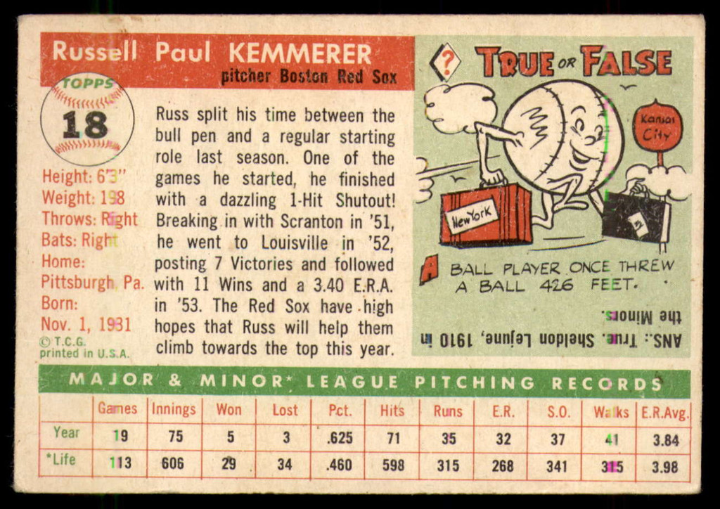 1955 Topps #18 Russ Kemmerer EX++ RC Rookie ID: 56352