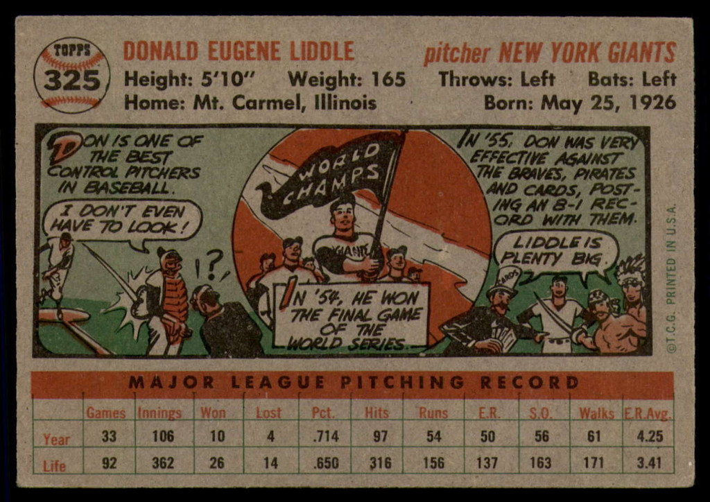 1956 Topps #325 Don Liddle EX++ ID: 59683