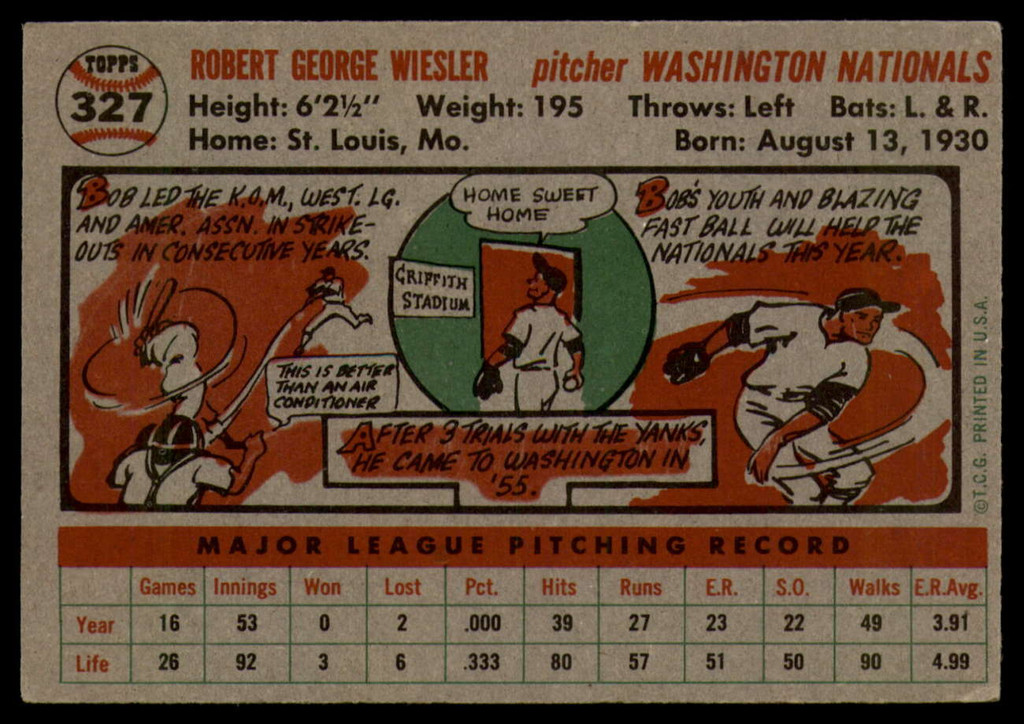 1956 Topps #327 Bob Wiesler EX++ RC Rookie ID: 59690