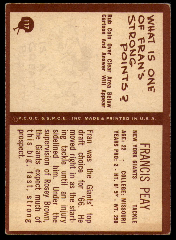 1967 Philadelphia #117 Francis Peay Excellent+ RC Rookie ID: 141448
