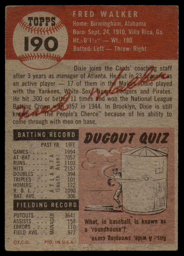 1953 Topps #190 Dixie Walker CO G/VG