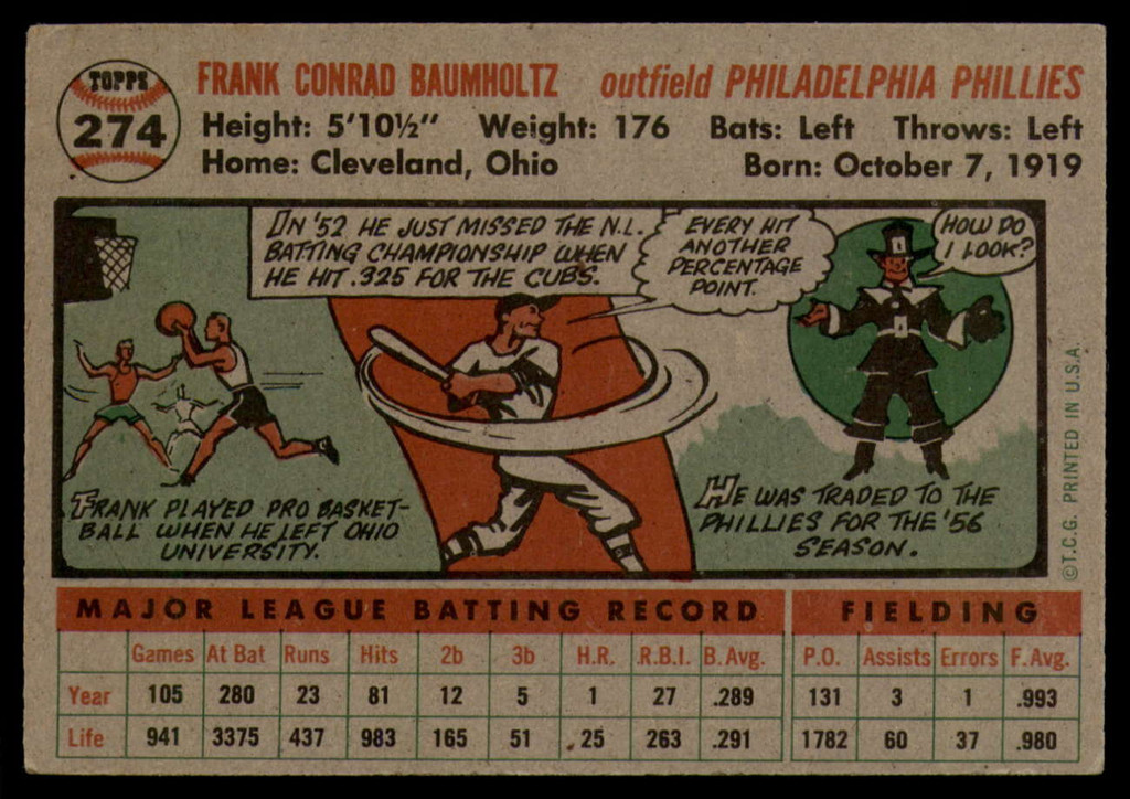 1956 Topps #274 Frank Baumholtz UER EX++ ID: 59441