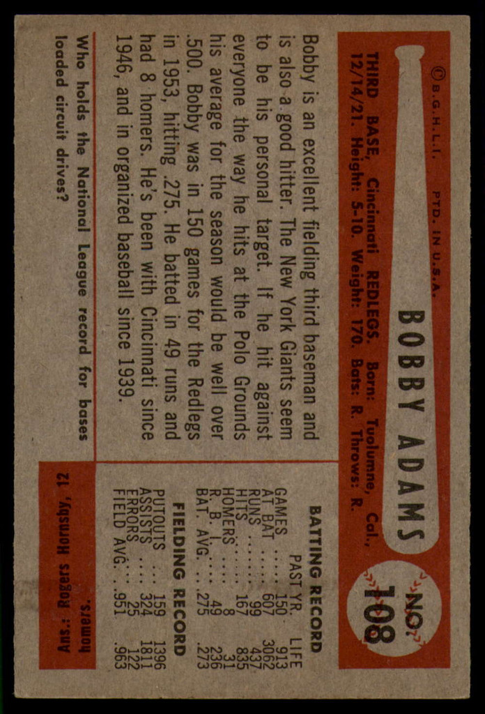1954 Bowman #108 Bobby Adams EX++ ID: 56130