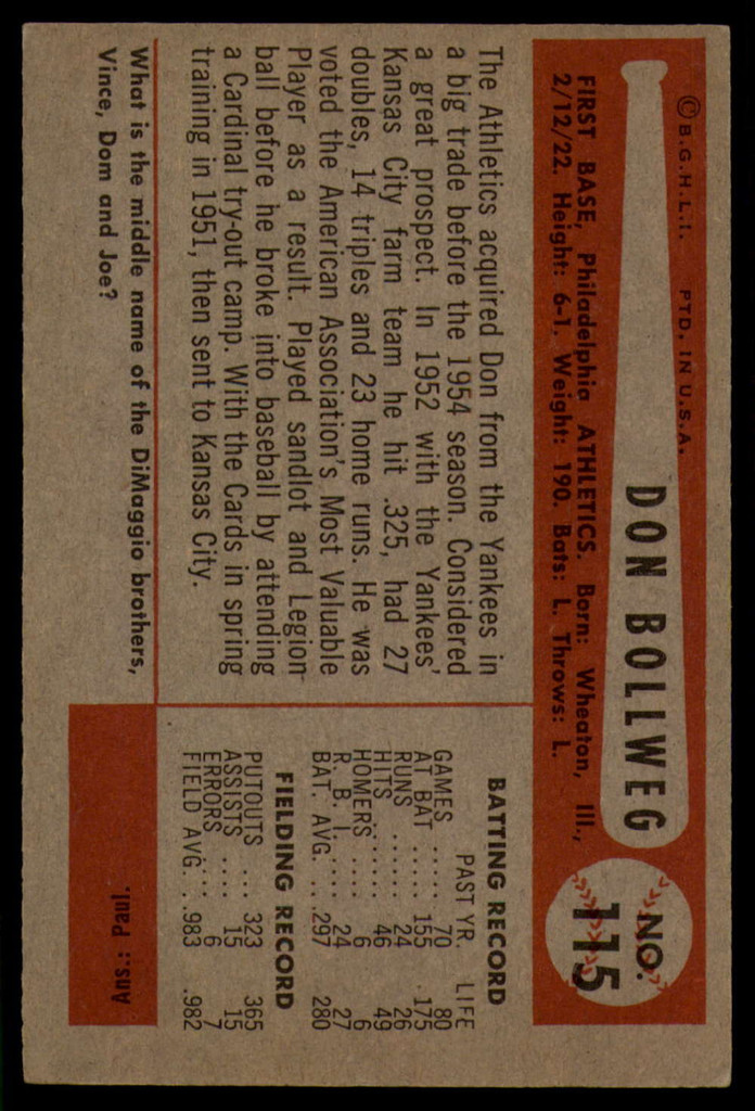 1954 Bowman #115 Don Bollweg EX++ ID: 56141
